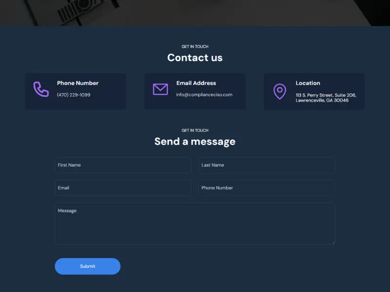 A sreenshot from the website of Compliance CISO showing the contact form