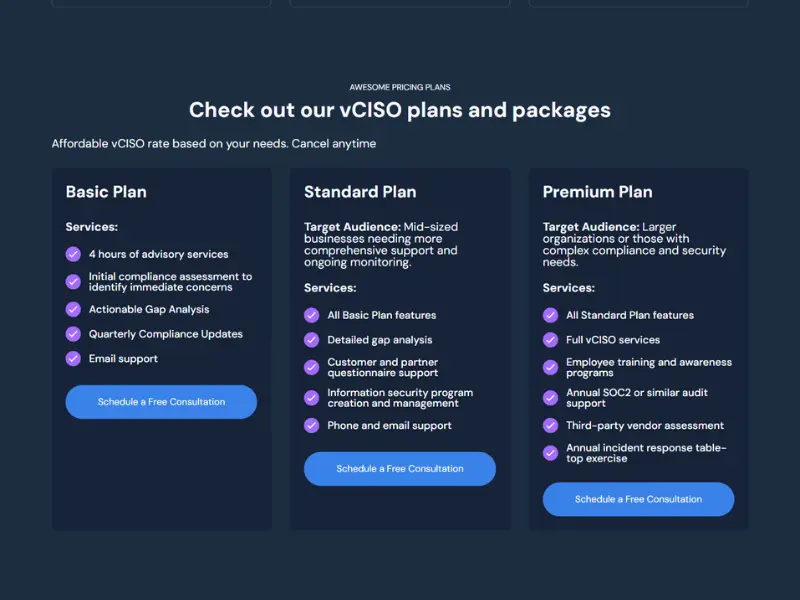 A sreenshot from the website of Compliance CISO showing the pricing plans