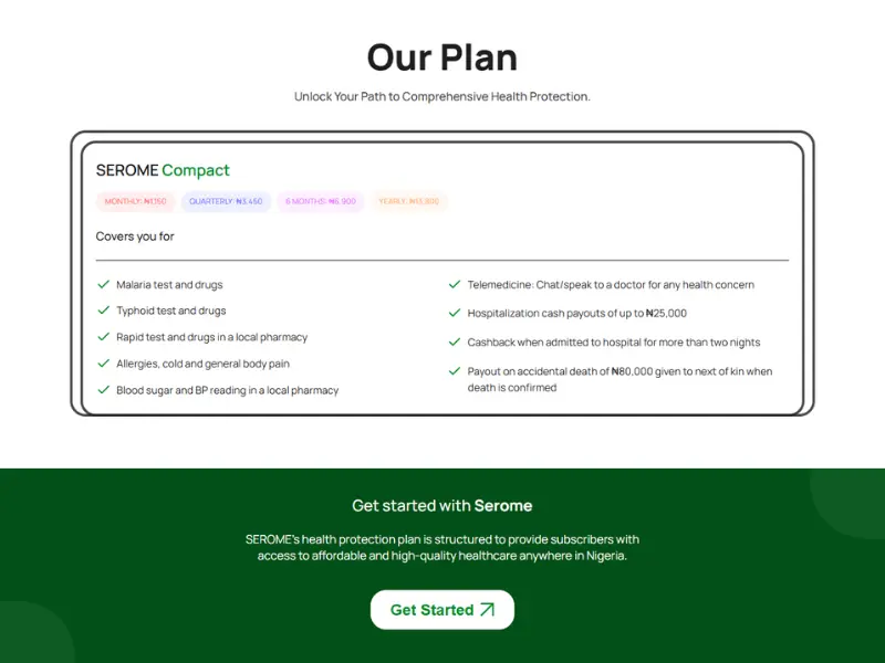 A sreenshot from the website of Serome Health showing the company's health insurance plans