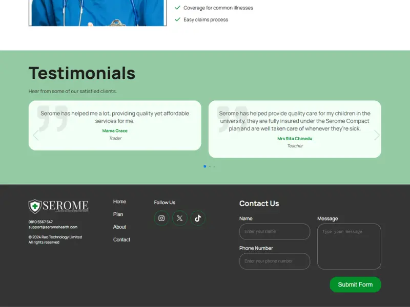 A sreenshot from the website of Serome Health showing the testimonial and footer sections